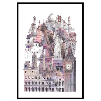 Städer i vattenfärg - Rosa stadsmotiv