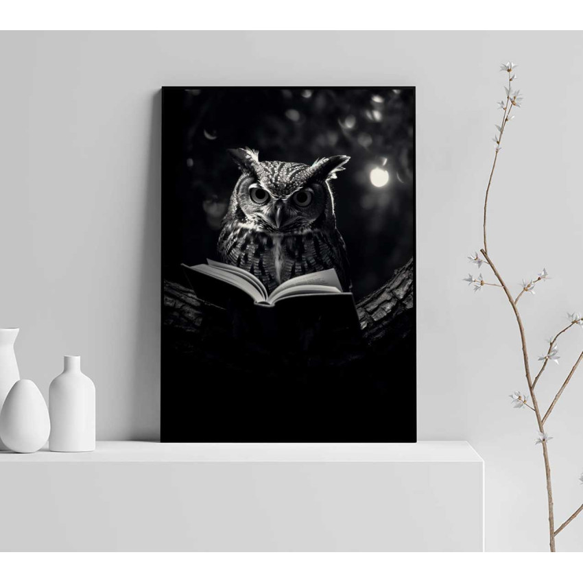 Klok nattuggla med bok - Svartvit poster