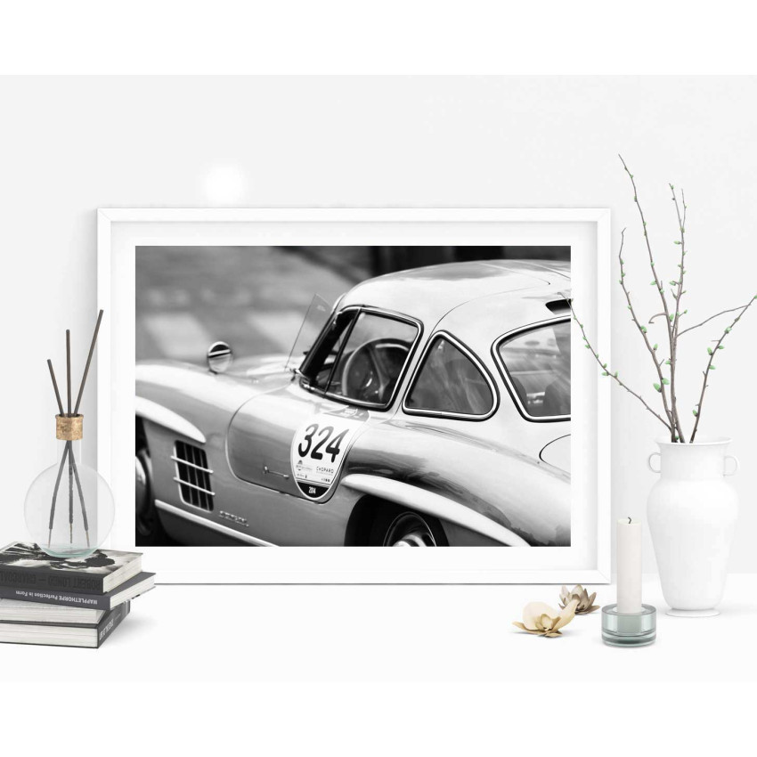Old sports car poster in B&W
