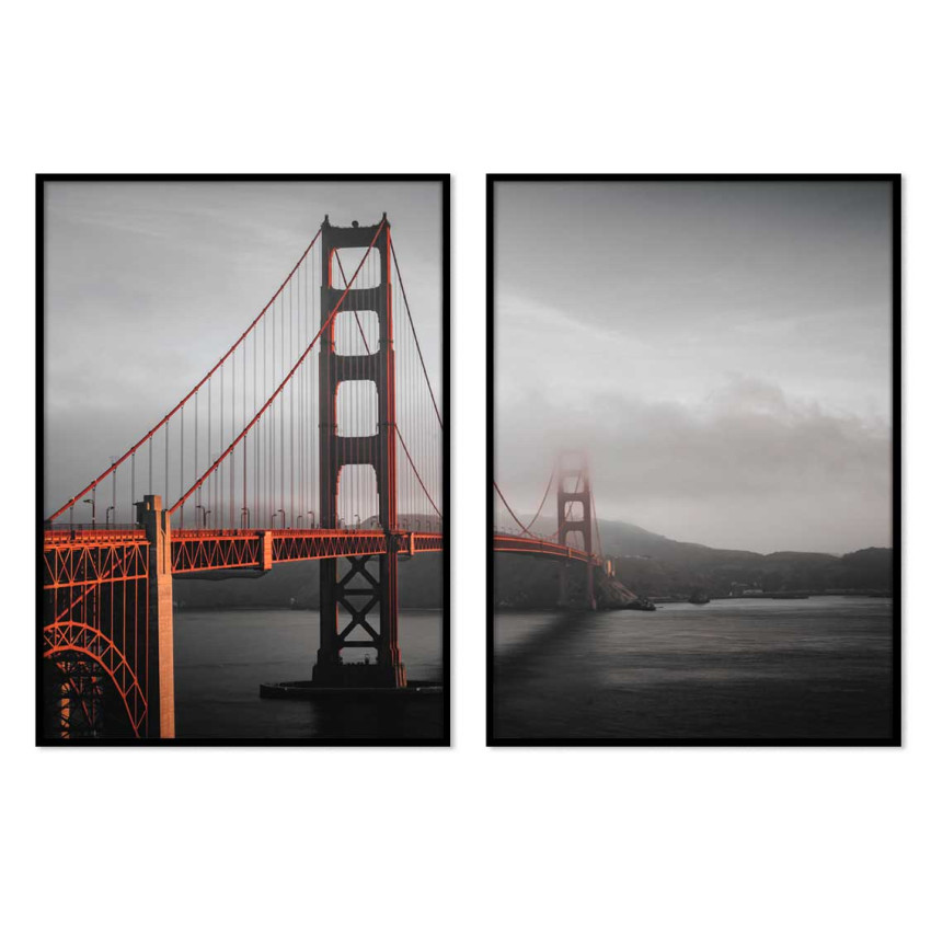 Golden Gate bron - Tvådelad svartvit tavla med färg