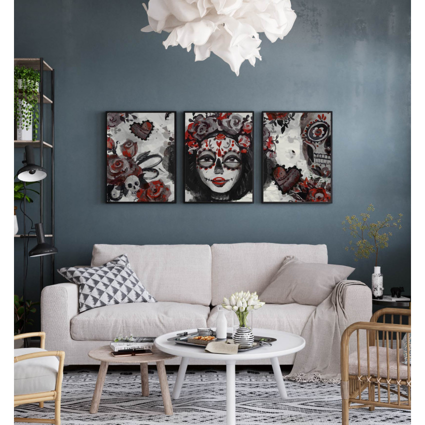 Suger Skull - Black and White Red Three Piece Poster