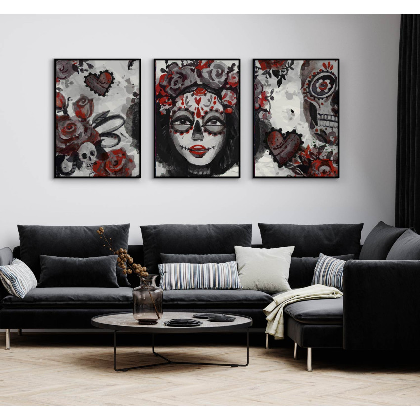 Suger Skull - Black and White Red Three Piece Poster