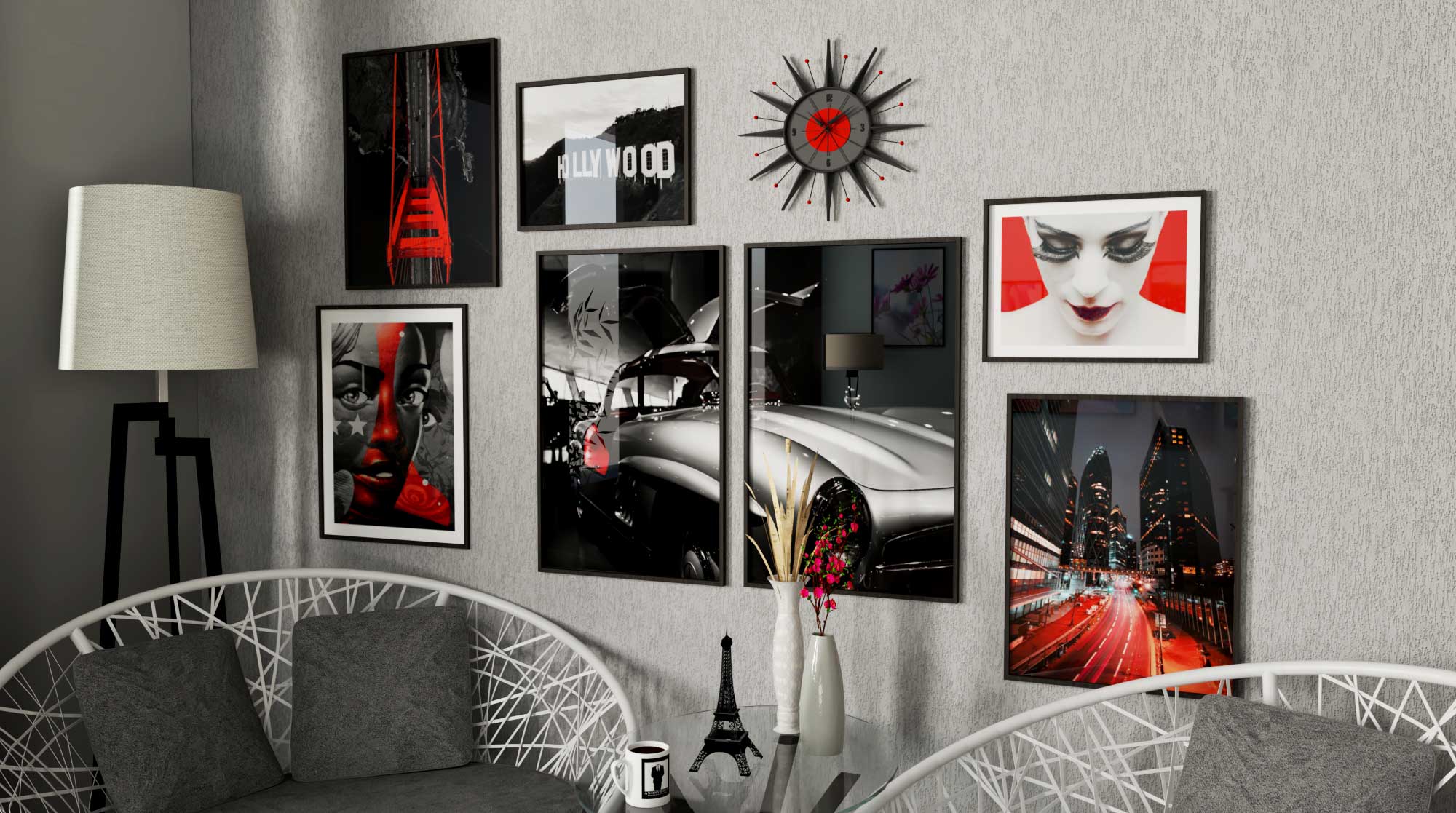 Svartvit tavelvägg med röda detaljer