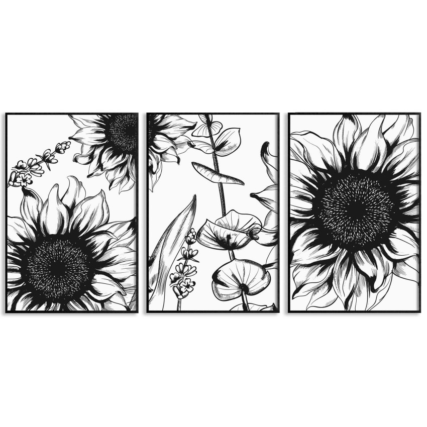 Svartvit illustration av maskrosor - Tredelad tavla