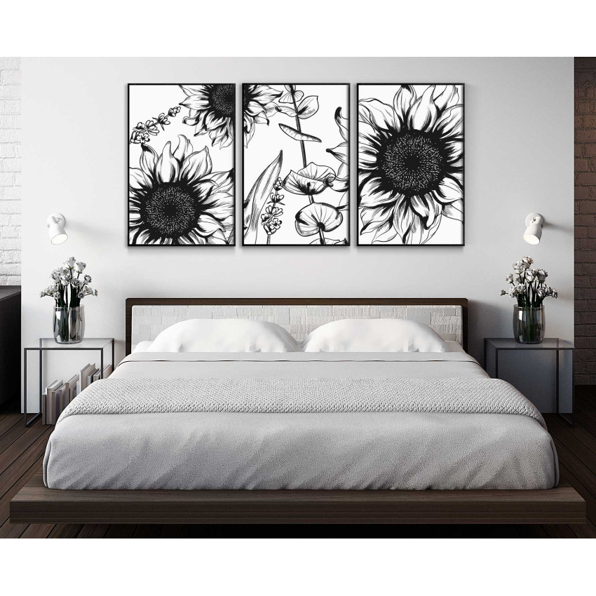 Svartvit illustration av maskrosor - Tredelad tavla