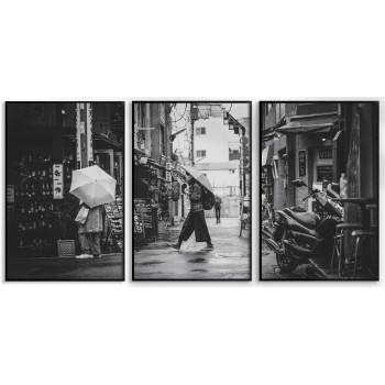 Tokyo gata i regnet - Svartvit tavla i tre delar