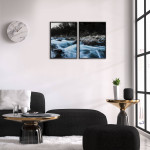 Vatten i fors - Svartvit / turkos tvådelad tavla