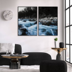 Vatten i fors - Svartvit / turkos tvådelad tavla