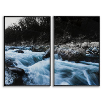 Vatten i fors - Svartvit / turkos tvådelad tavla