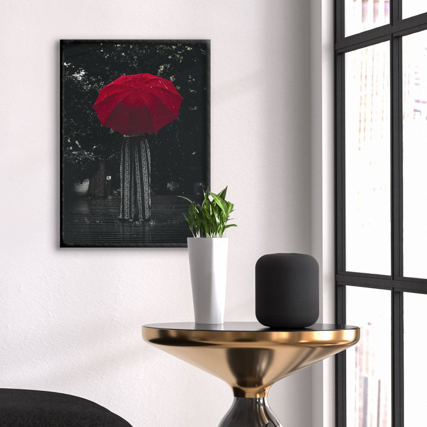 Kvinna med Rött Paraply - Svartvit Poster med Färg