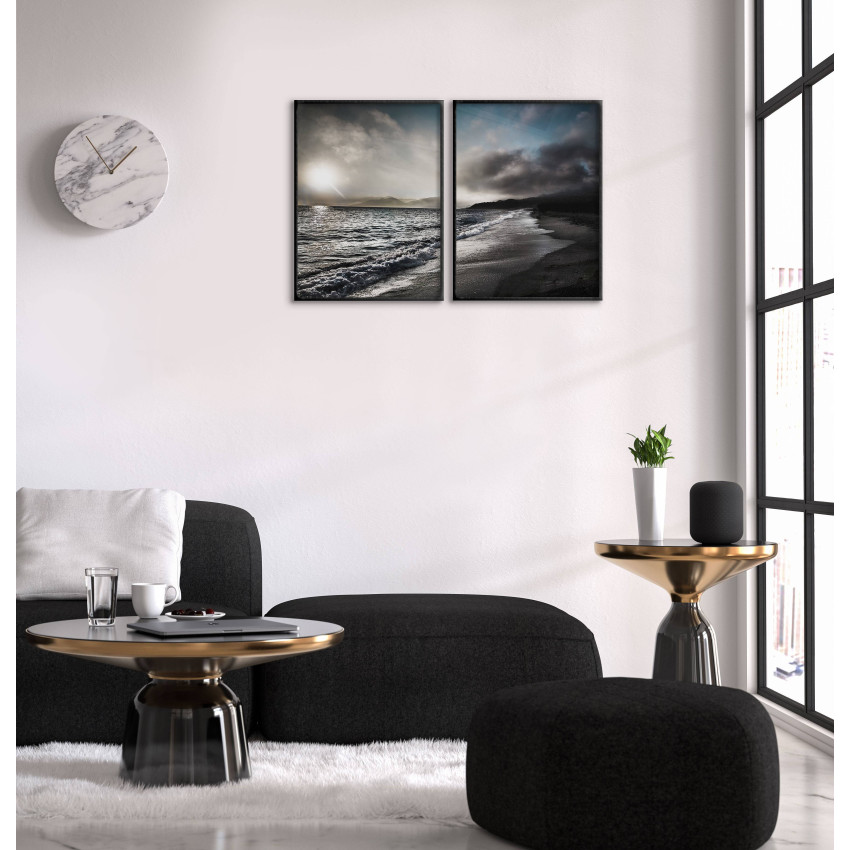 Strand och vågor - Svartvit / blå poster i två delar