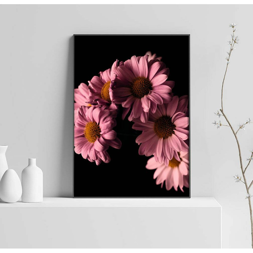 Rosa Blommor & Svart Bakgrund - Poster