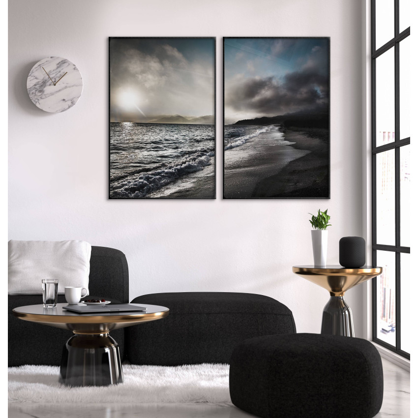 Strand och vågor - Svartvit / blå poster i två delar