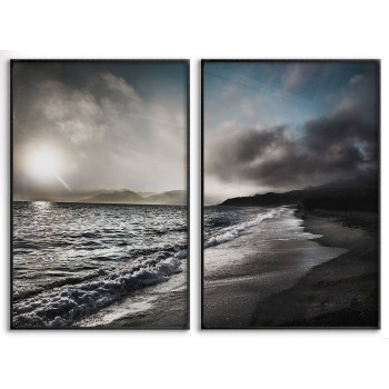 Strand och vågor - Svartvit / blå poster i två delar