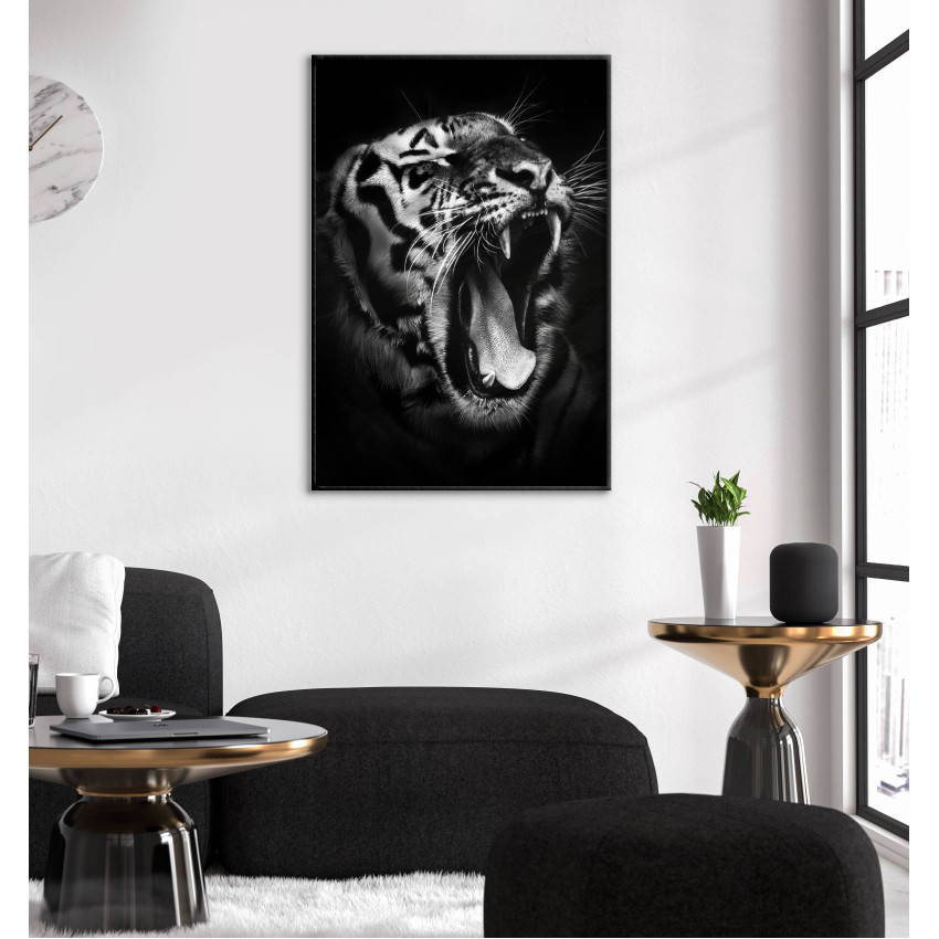 Tiger Ryter - Svartvit Poster med Svart Bakgrund