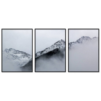 Bergstoppar i dimma - Svartvit tavla i tre delar