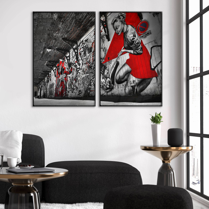 Graffiti i tunnelbana - Svartvit / röd poster i två delar