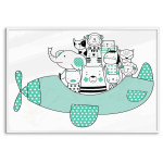 Söta Djur i ett Flygplan - Grön Barntavla