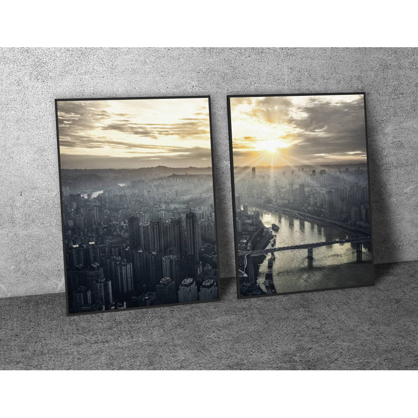 Stad horisont i dimma - Svartvit tavla i två delar