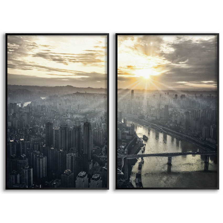 Stad horisont i dimma - Svartvit tavla i två delar