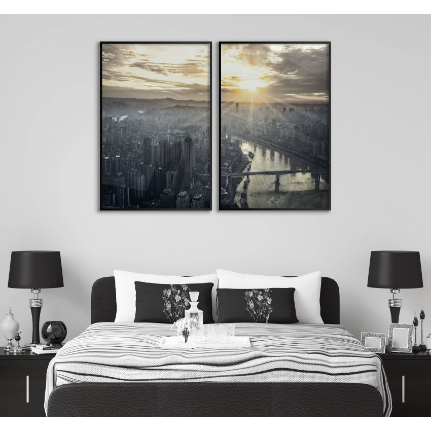 Stad horisont i dimma - Svartvit tavla i två delar