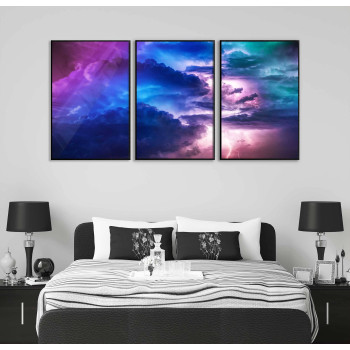 Moln & blixtrar- Stor färgglad tredelad tavla