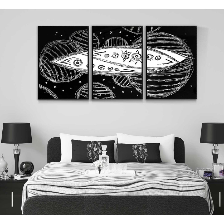 Abstrakt universum - Tredelad tavla med illustration