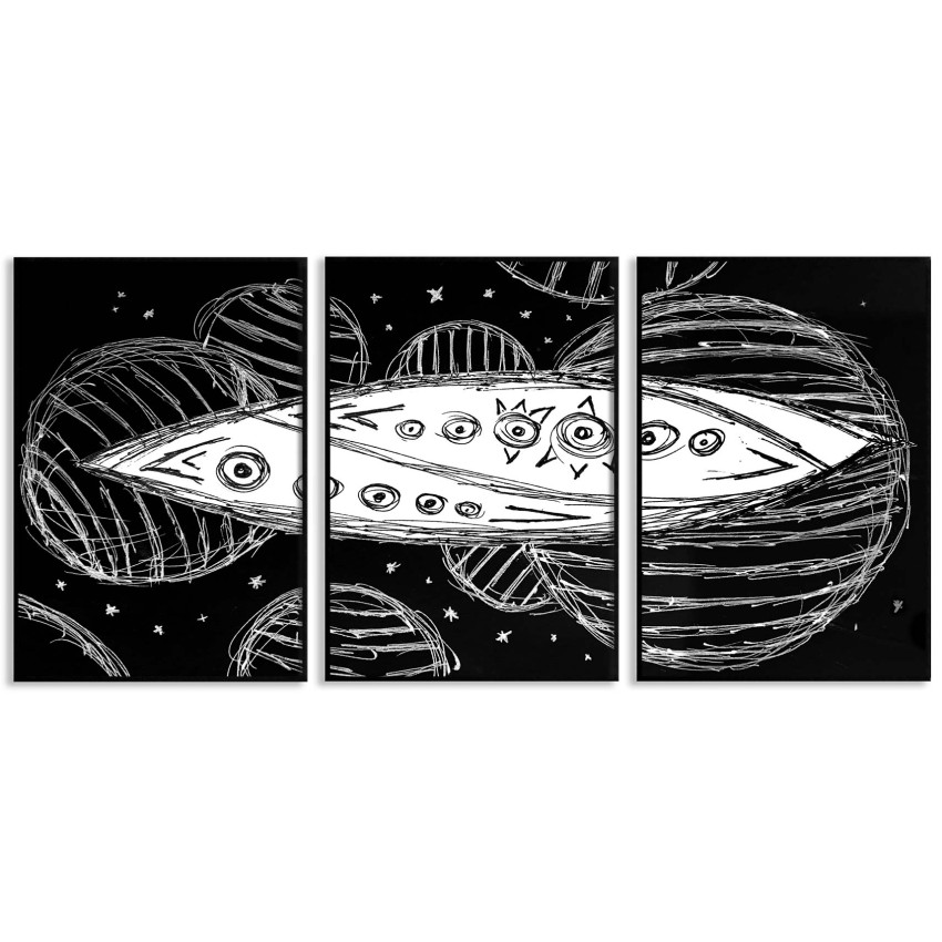 Abstrakt universum - Tredelad tavla med illustration