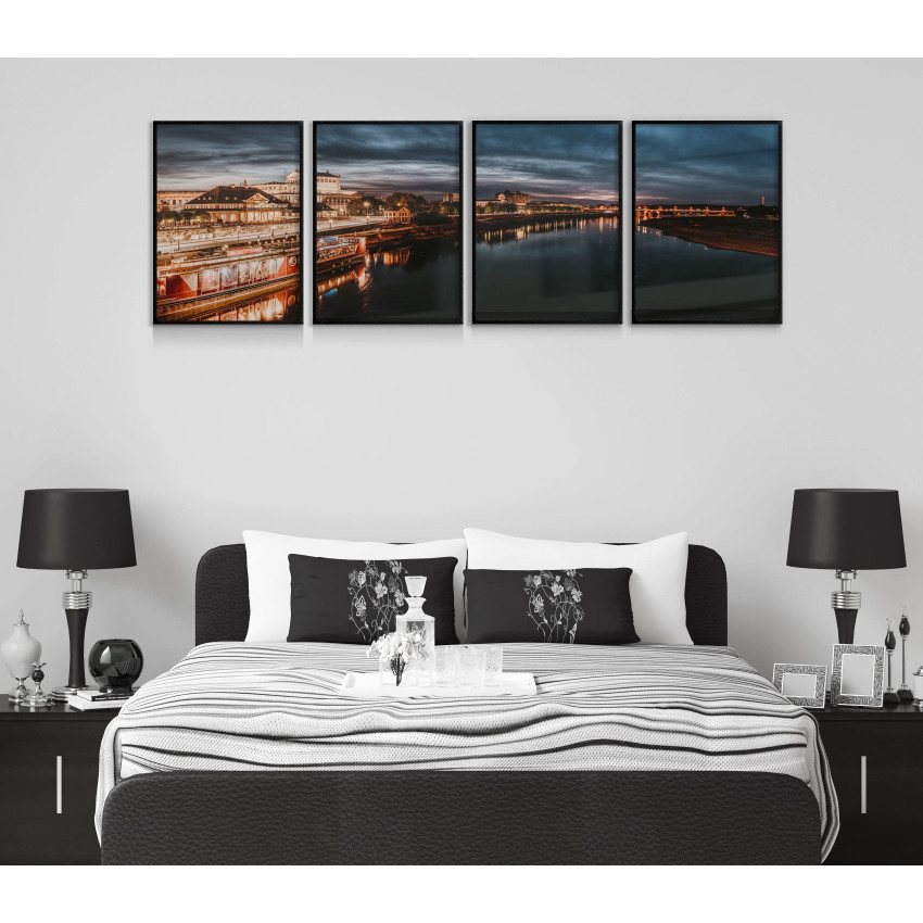 Mörkt stadsmotiv i panorama - Fyrdelad tavla