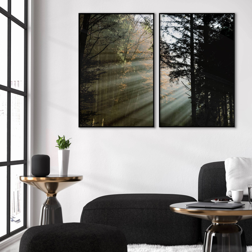 Tavla i två delar med skogsmotiv och solstrålar