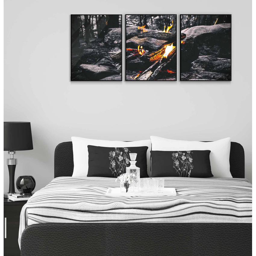 Forest Fire Place - Three Piece Black & White Poster
