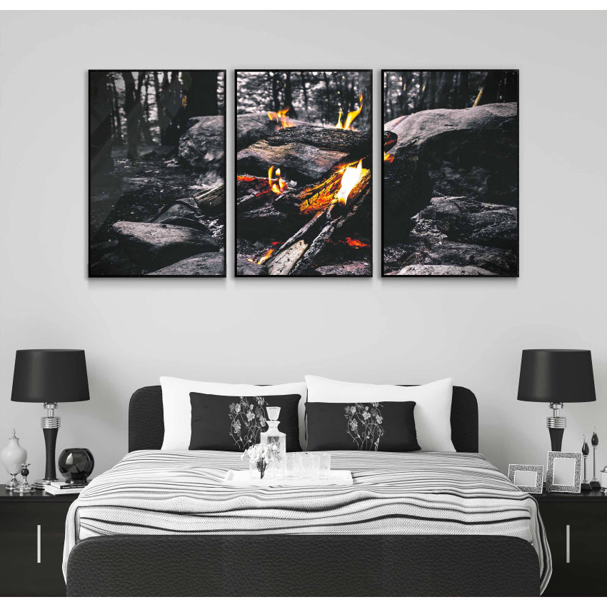 Forest Fire Place - Three Piece Black & White Poster