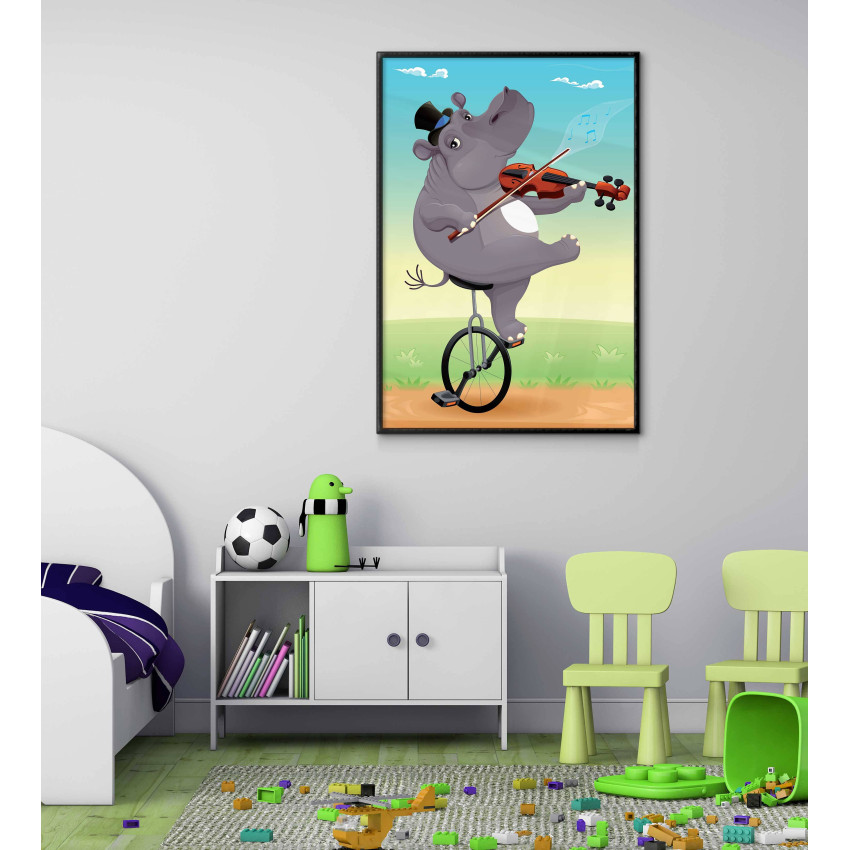 Söt barntavla med teckning av rolig flodhäst