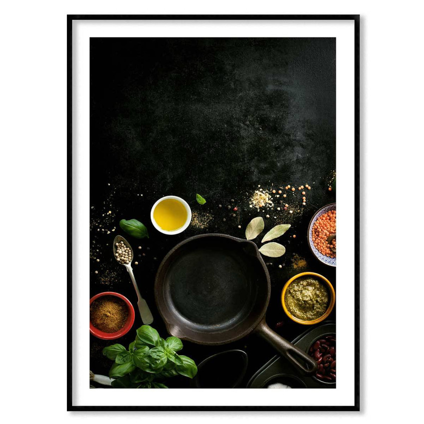 Trendig kökstavla - Stekpanna, grönsaker och kryddor