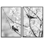 Små fåglar på grenar - Svartvit tvådelad tavla