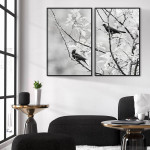 Små fåglar på grenar - Svartvit tvådelad tavla