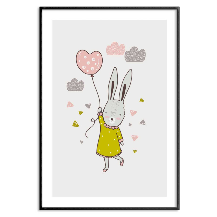 Kanin flyger med ballong hjärta - Söt barntavla