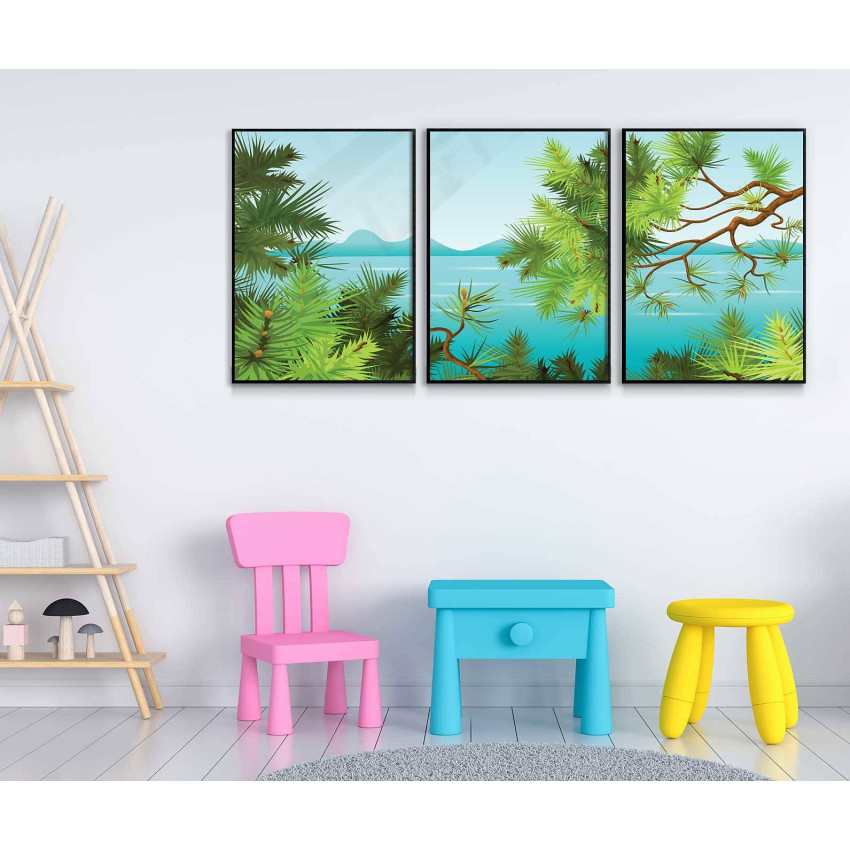 Tecknad exotisk natur - Tavla i tre delar