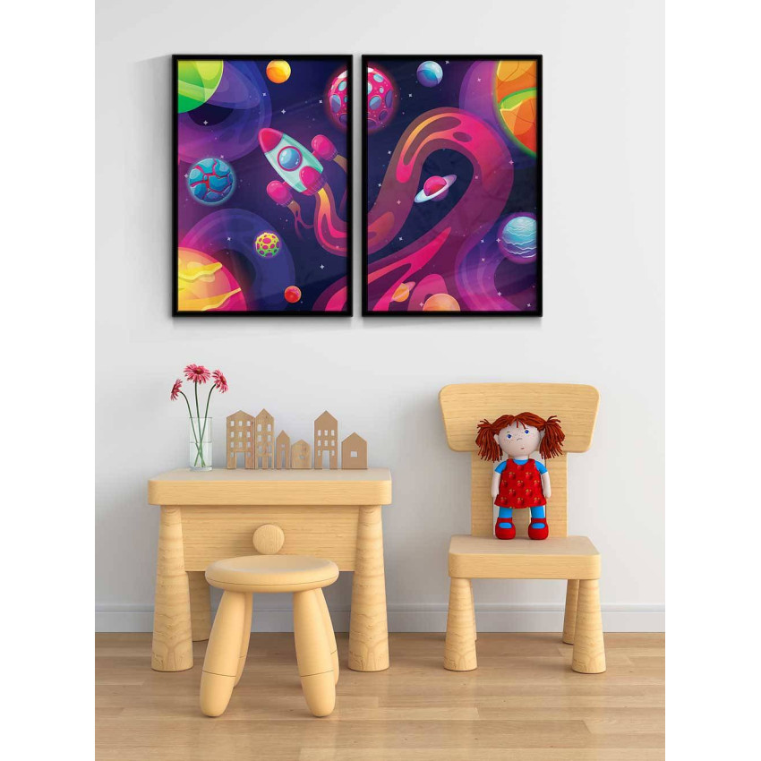 Rymdraket och planeter - Färgglad barntavla i två delar