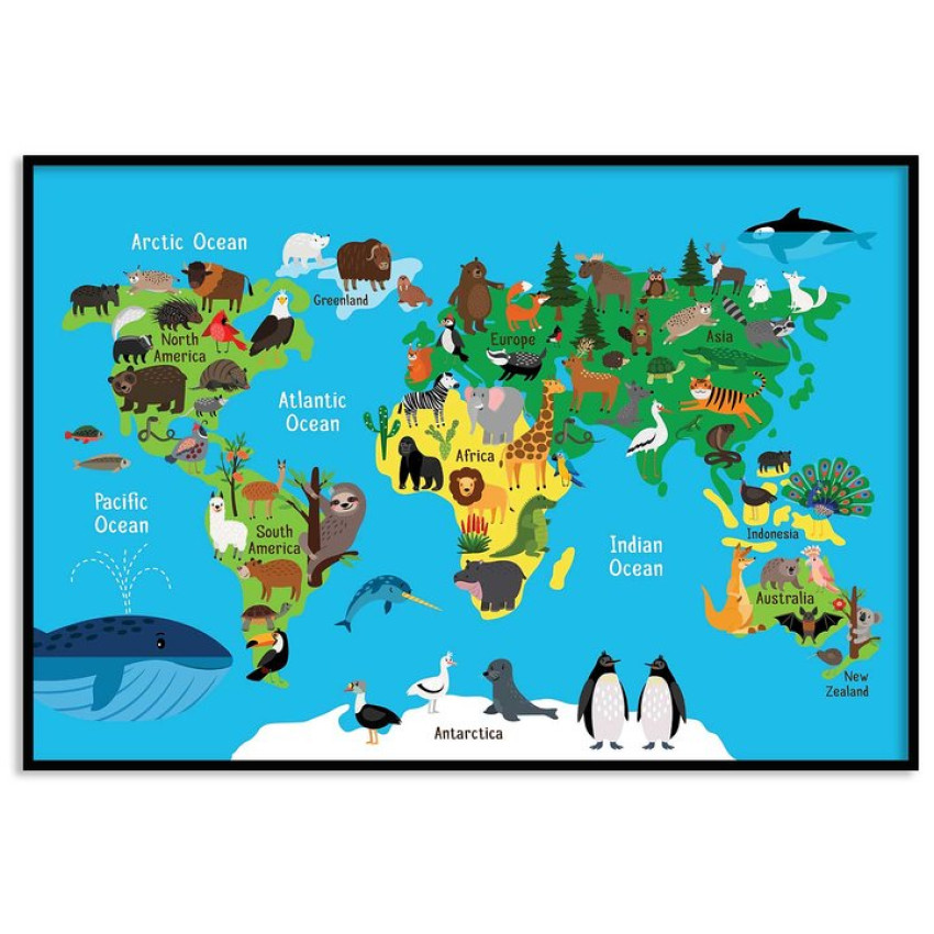 Colorful map of the world with animals - Kids poster