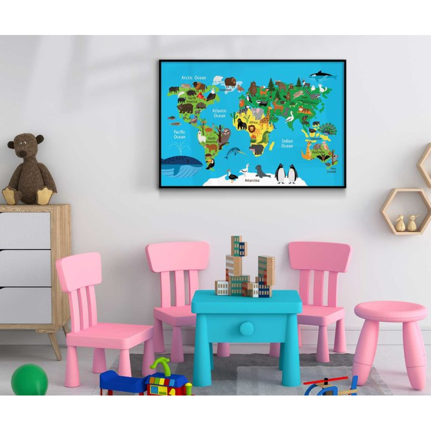 Colorful map of the world with animals - Kids poster