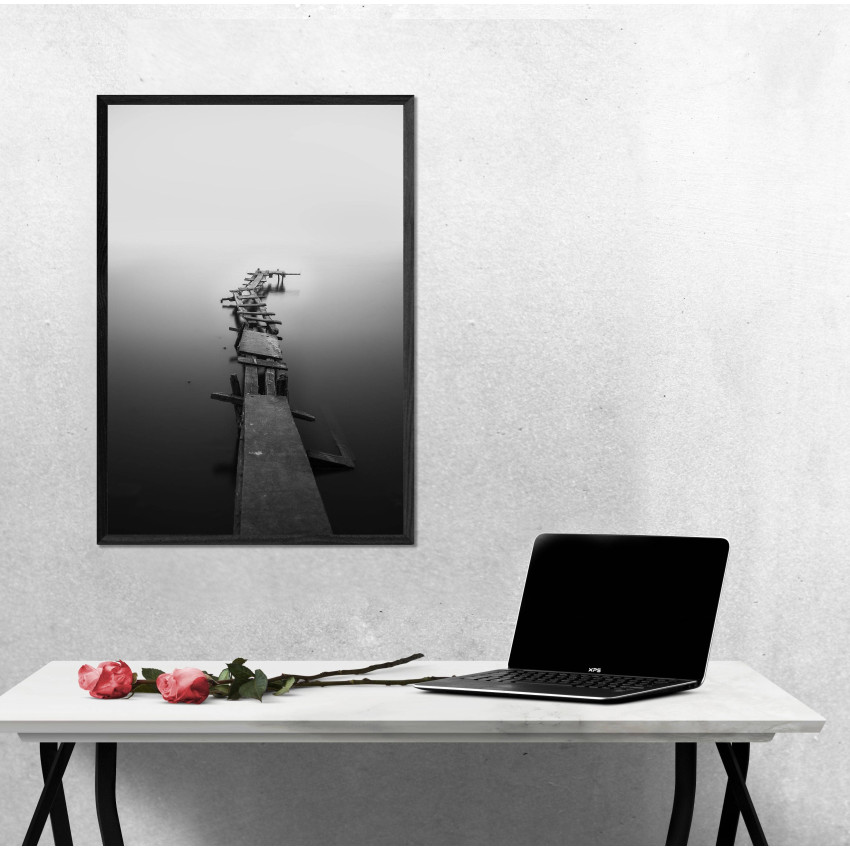Broken Bridge in the Lake - Black and White Poster