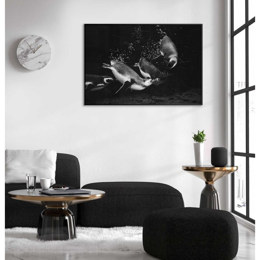 Pingviner under ytan - Svartvit abstrakt djurtavla