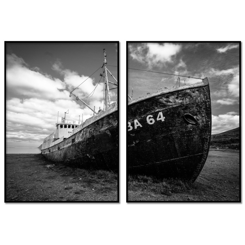 Abandoned Stranded Ship - Black and White Poster