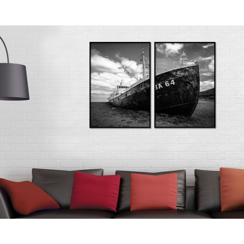 Abandoned Stranded Ship - Black and White Poster