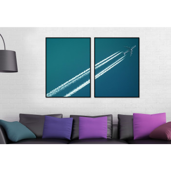 Flygplan i skyn - Tvådelad turkos poster tavla