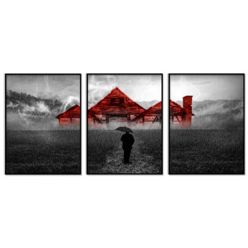 Svartvit tavla med röda detaljer - Man i regnet