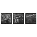 Panorama stålstängsel - Stor svartvit tavla i tre delar
