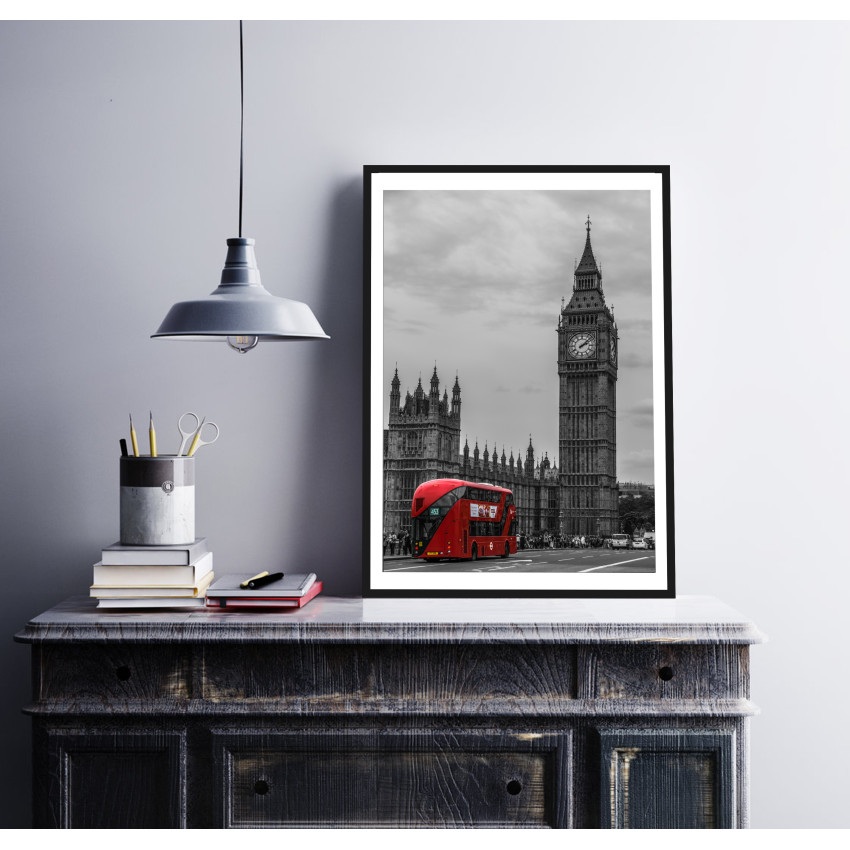 Red Bus in London - Black and White Poster