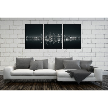 Stadsmotiv panorama - Stor svartvit tavla i tre delar